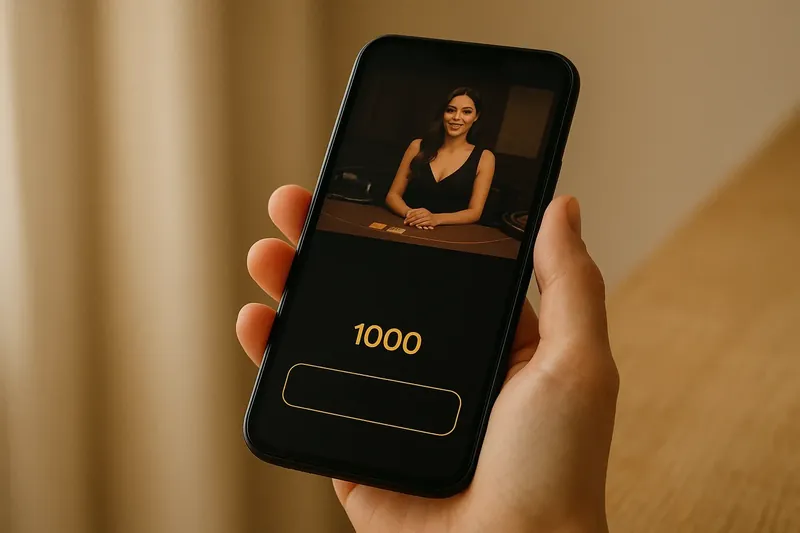 Hand holding smartphone showing dark casino app with live dealer preview