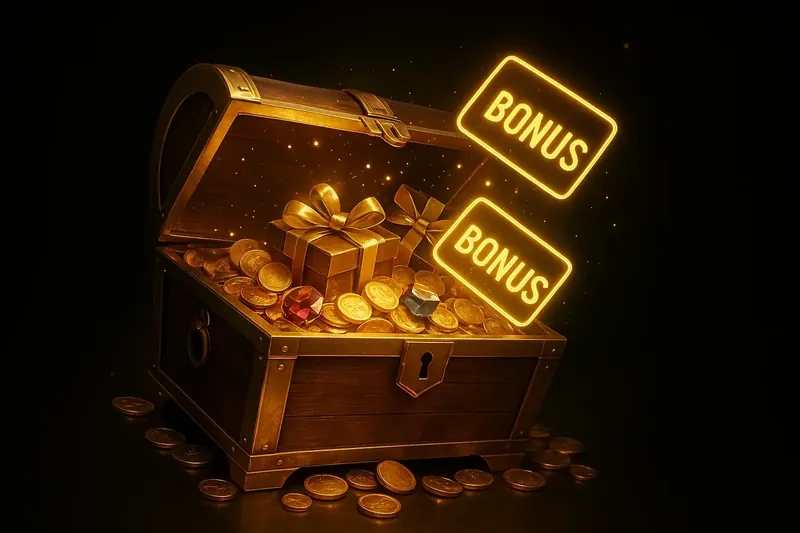 Golden treasure chest bursting with coins, gems, gifts, and bonus tags