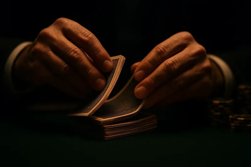 Dealer Shuffling Cards Close-up of dealer hands shuffling cards above green felt table