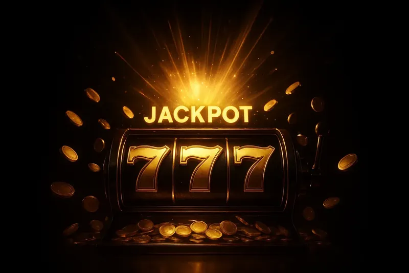 Slot machine jackpot with golden 777, coins, and exploding light beams